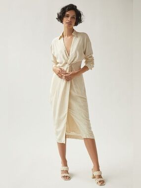 Anthropologie V-Neck Knot Front Collared Midi Dress XL 16 18 Neutral Minimalist